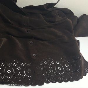 Analogy Western Die Cut Shirt Women Size L Brown Suede look V neck Long Sleeves